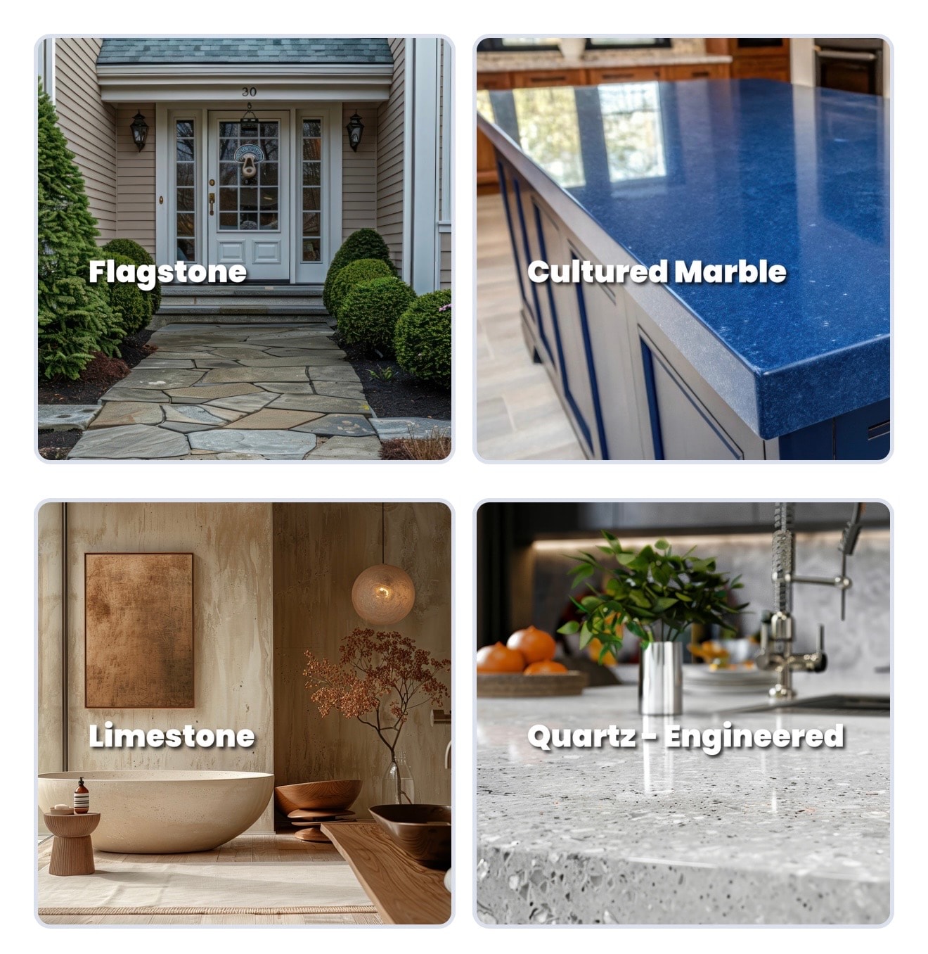 Stone types we service: Flagstone, Cultured Marble, Limestone, and Quartz-Engineered